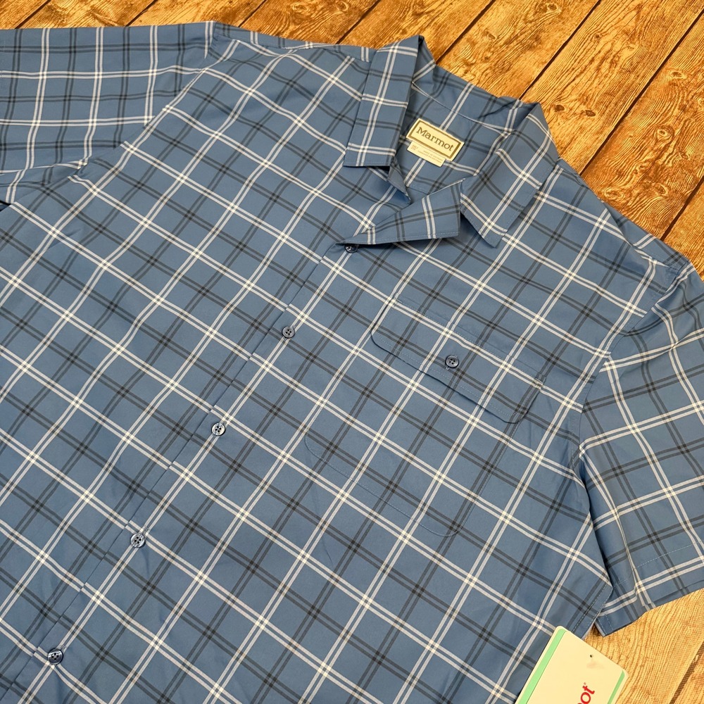 Marmot Arex Camp Shirt Mens XXL Blue Plaid UPF 40 Short Sleeve Button Up NWT